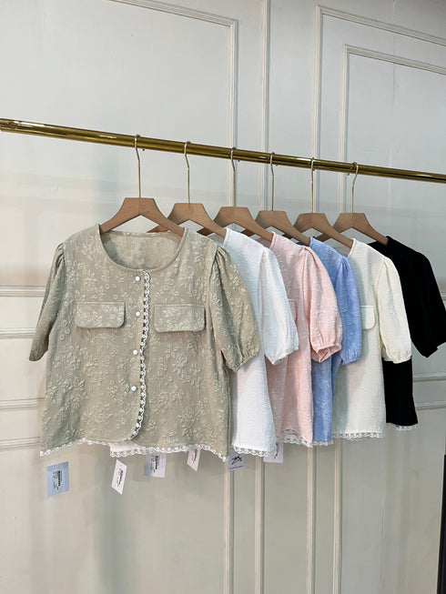 Women Korean Puff Sleeves Round Neck Button Down Tops